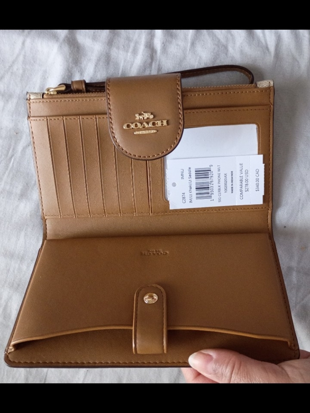 Coach Tan Leather Wristlet Wallet with Gold-Tone Logo